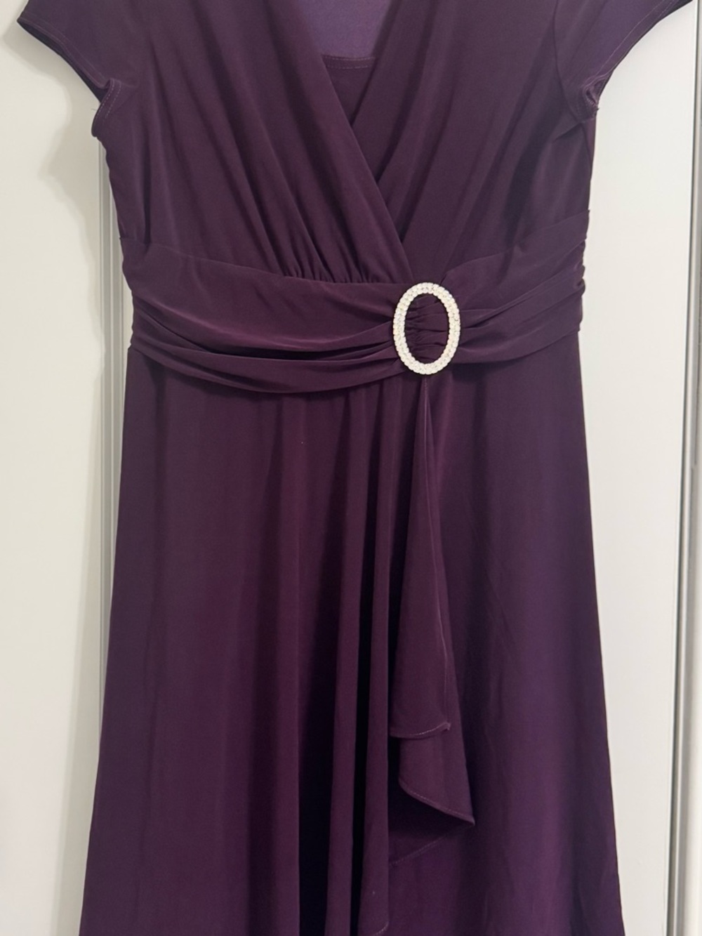 R&M Richards Plum Wrap-Front Midi Dress with Decorative Oval Buckle
